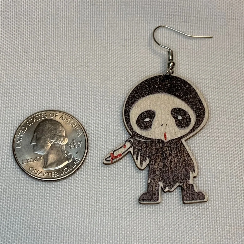 NWT! Cartoon Halloween Killer with Knife Wooden Dangle One-Sided Earrings!